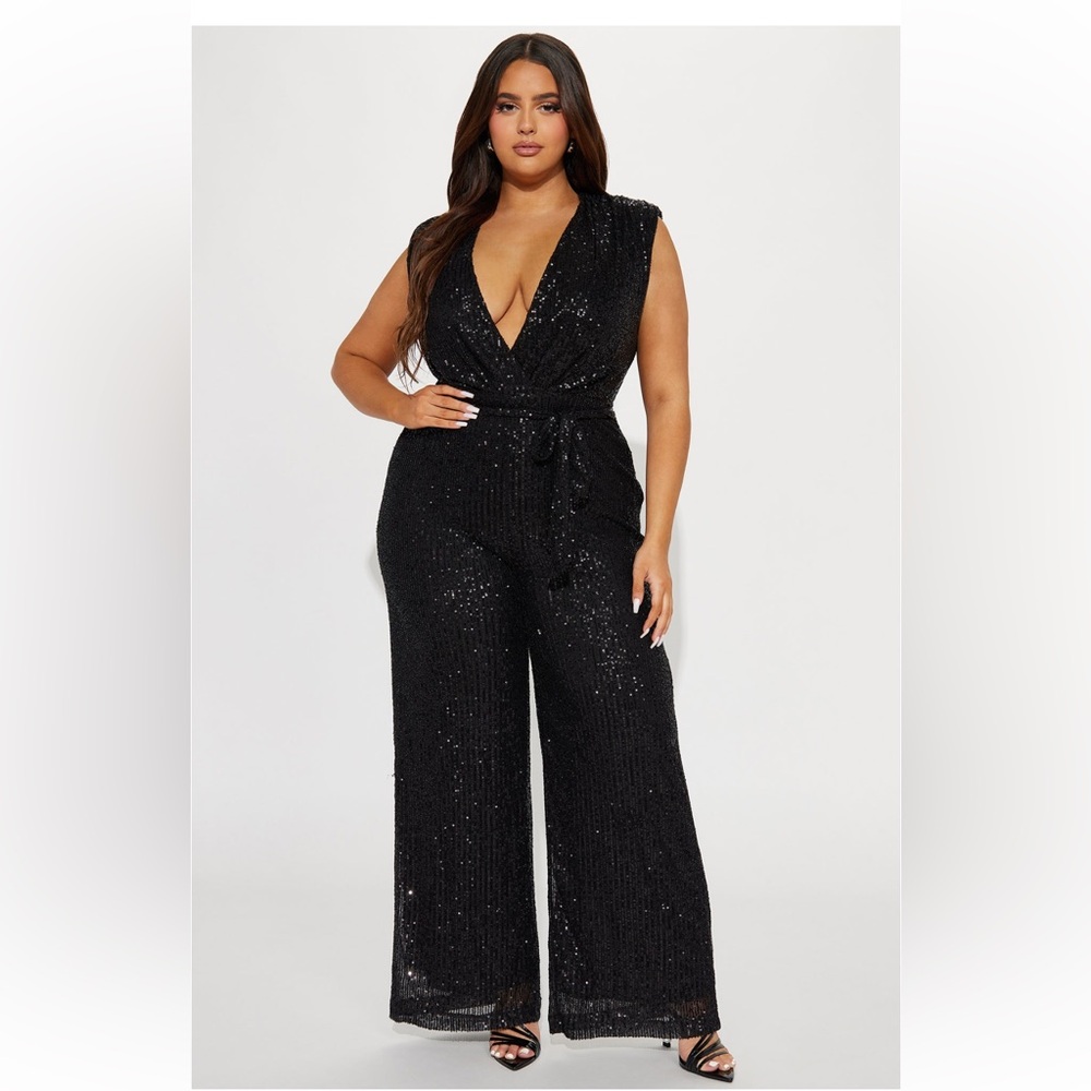 NWT Fashion Nova Sequin Jumpsuit, Black, Size 1X